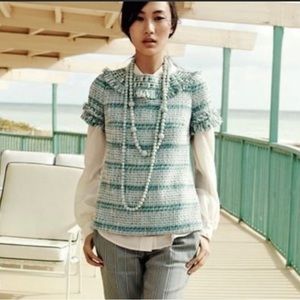 Tory Burch Joan Tweed Fringe Embellished Sea Green Blue Beaded Top